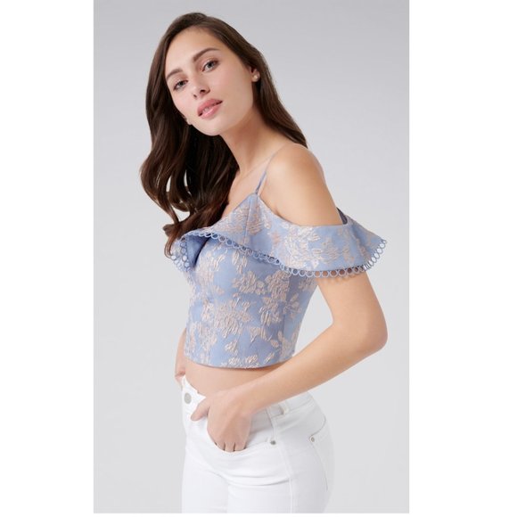 EVER NEW LUCILLE blue rose gold shoulder ruffle top - Picture 2 of 7